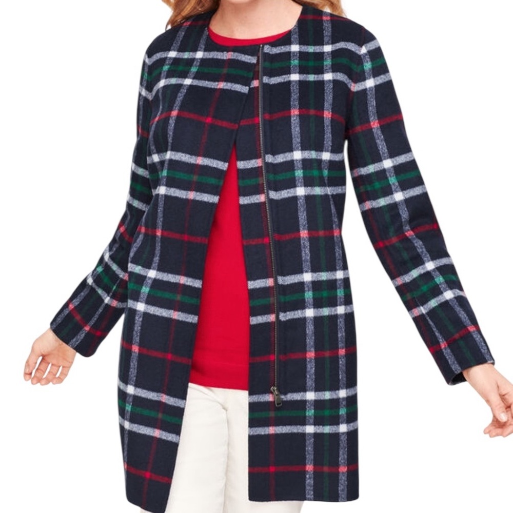 Talbots Navy Blue with Red/White/Green Plaid Double Faced Topper Coat L